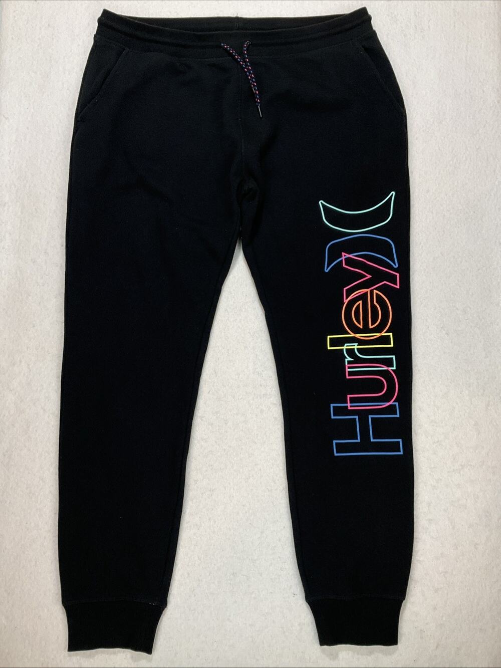 Hurley Black Size XL Overlap Fleece Joggers Tropical Escape Neon Logo Drawstring